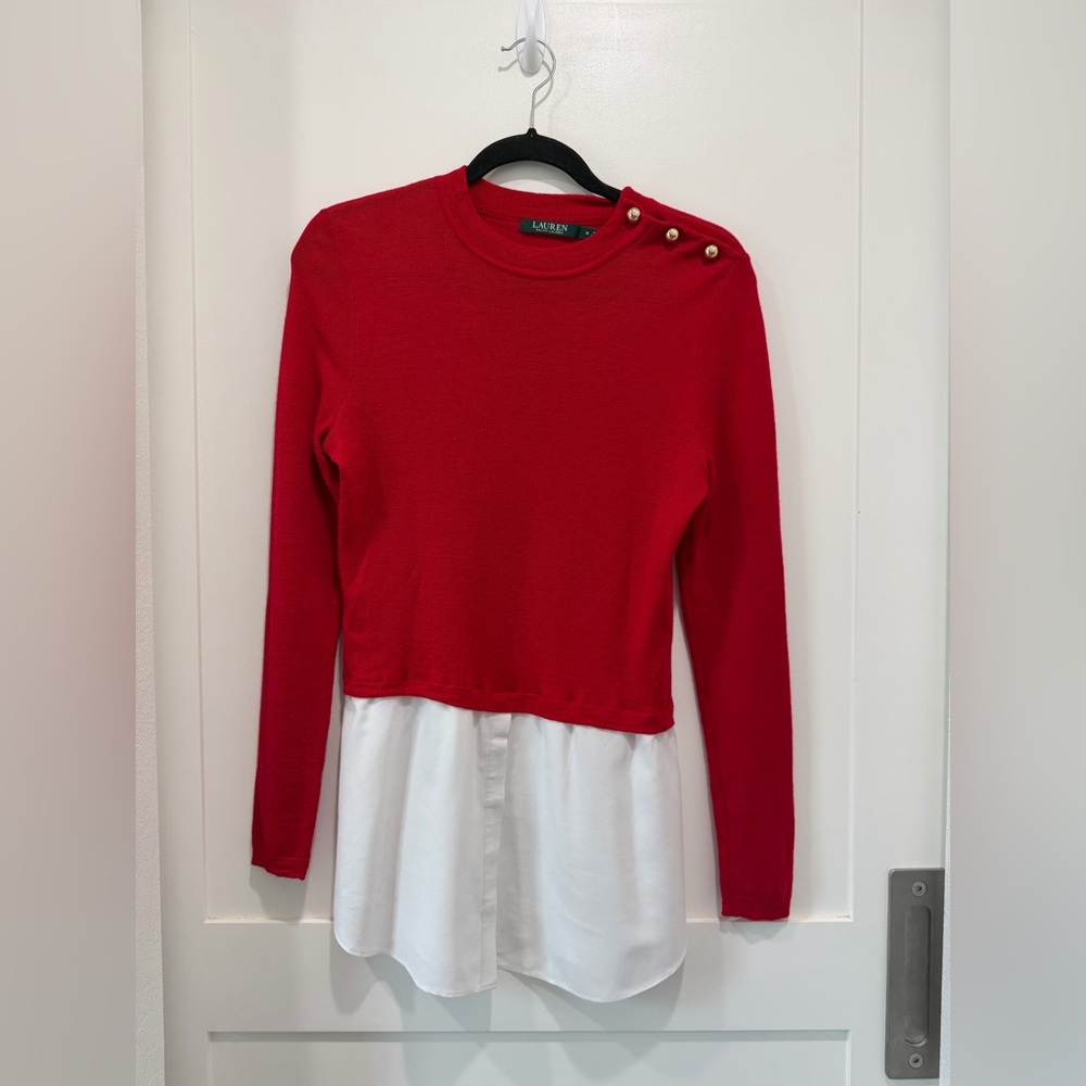 Lauren Ralph Lauren Red Layered Button-Shoulder Sweater Blouse